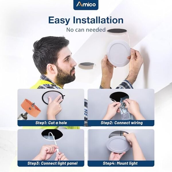 Amico 12 Pack 6 Inch 5CCT Ultra-Thin LED Recessed Ceiling Light with Junction Box, 1050LM Brightness, Dimmable Canless Wafer Downlight, 12W, ETL&FCC - Image 5