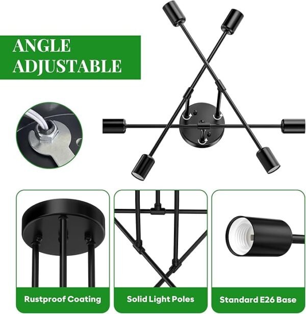 Modern Sputnik Chandelier Ceiling Light Fixtures, 6-Lights 22” Mid Century Industrial Metal Semi Flush Mount for Dining Room, Bedroom, Living Room-Black - Image 6