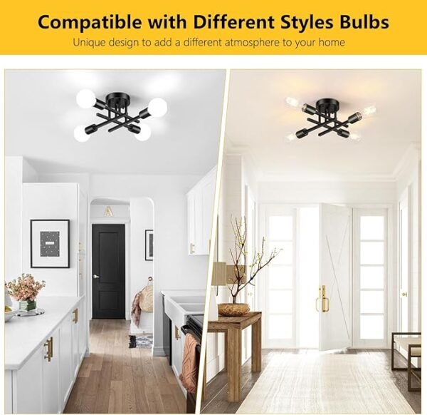 Asnxcju 4-Light Hallway Semi Flush Mount Light Fixtures, Farmhouse Black Light Fixtures Ceiling Mount, Indoor Close to Ceiling Lighting for Kitchen Entryway Bedroom Foyer (Bulb Not Included) - Image 6
