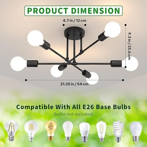 Modern Sputnik Chandelier Ceiling Light Fixtures, 6-Lights 22” Mid Century Industrial Metal Semi Flush Mount for Dining Room, Bedroom, Living Room-Black - Image 3