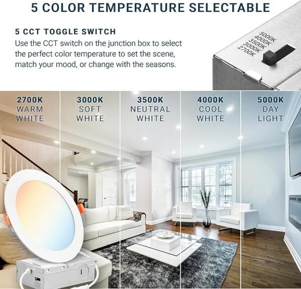 PARMIDA (16 Pack) 6 Inch Dimmable 5CCT Ultra-Thin LED Recessed Ceiling Light with Junction Box, 5 Color Selectable 2700K/3000K/3500K/4000K/5000K, 12W, Canless Wafer Slim Panel Downlight, IC Rated, ETL - Image 4