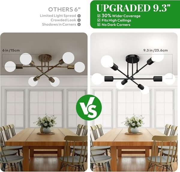 Modern Sputnik Chandelier Ceiling Light Fixtures, 6-Lights 22” Mid Century Industrial Metal Semi Flush Mount for Dining Room, Bedroom, Living Room-Black - Image 2