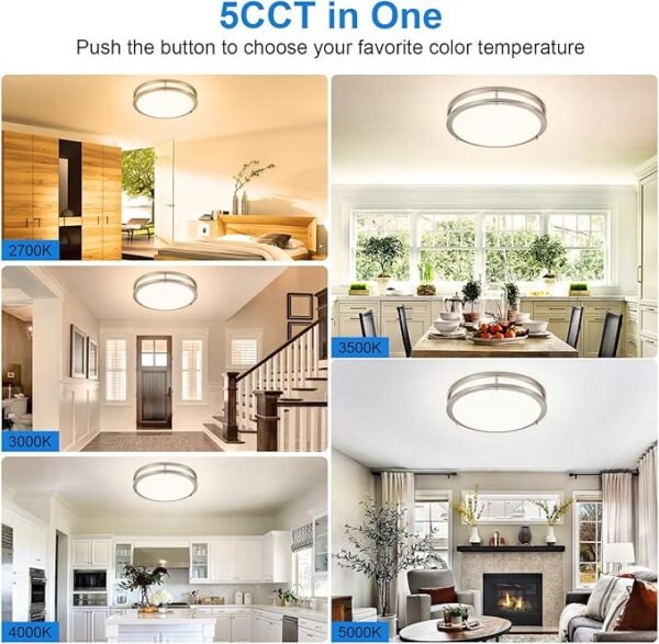 DLLT Flush Mount LED Ceiling Light: 13 Inch 5CCT (3000K-6000K) & Dimmable Ceiling Light Fixtures for Bedroom Hallway - 24W Modern Brushed Nickel Super Bright Kitchen Lighting Fixtures Ceiling - Image 3