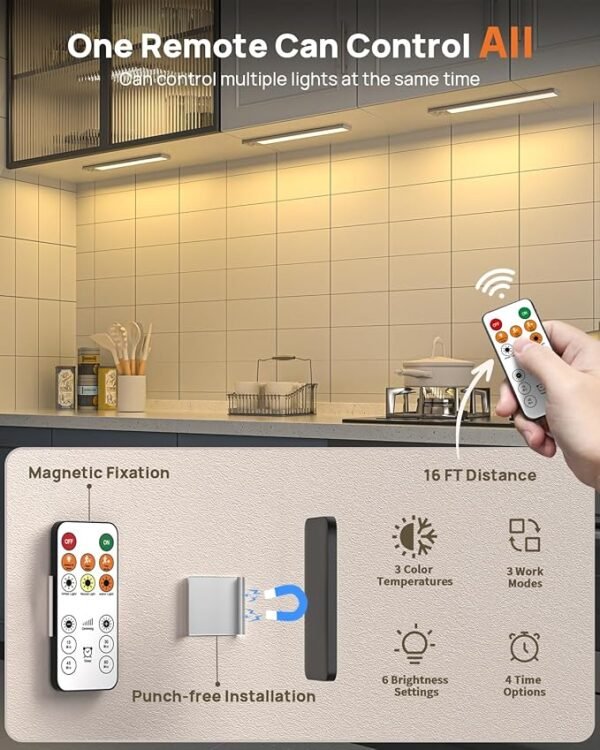 16in Under Cabinet Lighting with Remote Control,160 LED Motion Sensor Light Indoor,4000mAh USB Rechargeable Closet Lights,3 Color Temps Wireless Under Counter Lights for Kitchen,Pantry, Stair, 2 Pack - Image 3