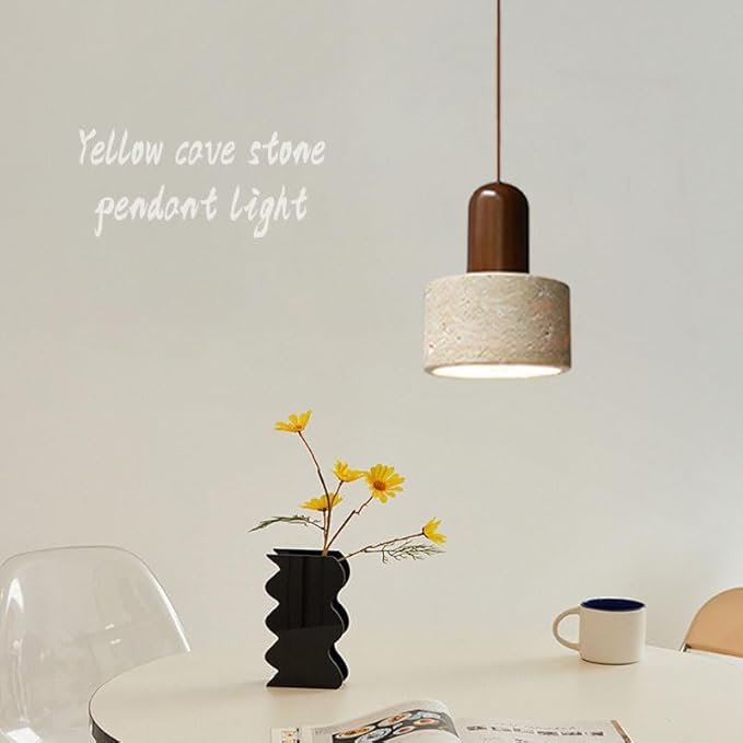 Wabi Sabi Pendant Light Modern Solid Wood & Travertine Lampshade Dining Room Kitchens Island Natural Stone Lamp Hanging Lights Travertine Light for Bedside (Wire Adjustable) - Image 2