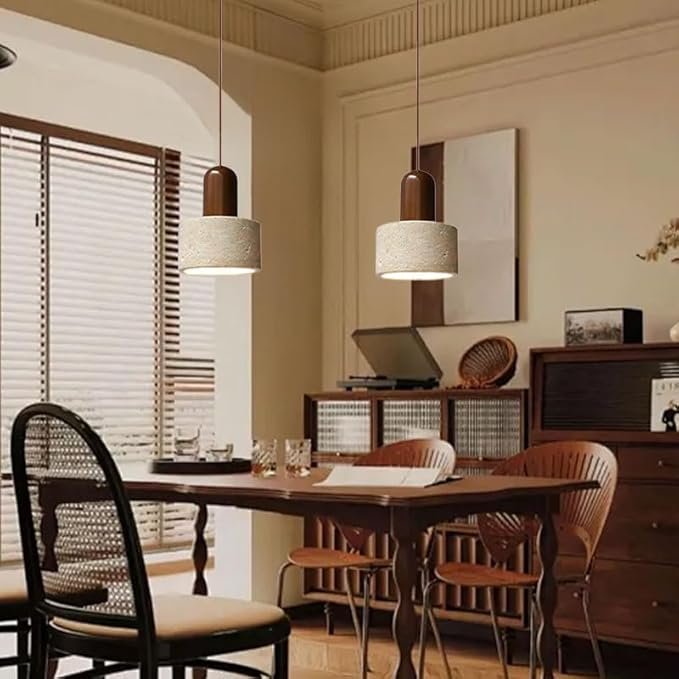 Wabi Sabi Pendant Light Modern Solid Wood & Travertine Lampshade Dining Room Kitchens Island Natural Stone Lamp Hanging Lights Travertine Light for Bedside (Wire Adjustable) - Image 4