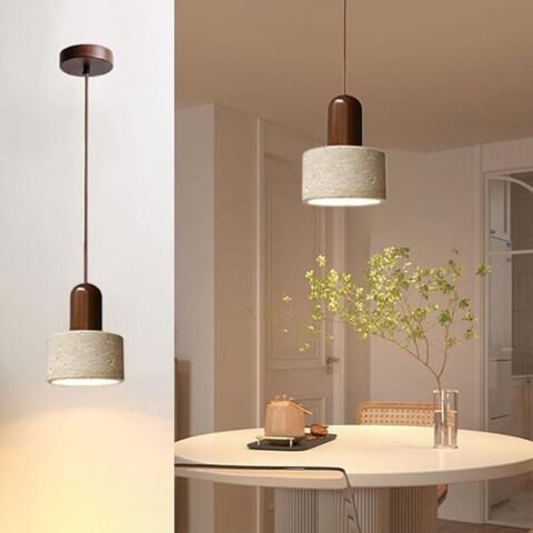 Wabi Sabi Pendant Light Modern Solid Wood & Travertine Lampshade Dining Room Kitchens Island Natural Stone Lamp Hanging Lights Travertine Light for Bedside (Wire Adjustable)