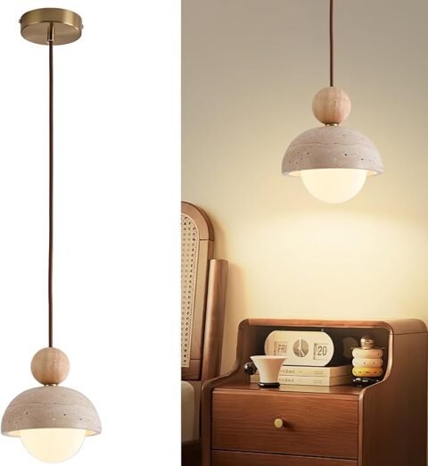 Natural Stone Pendant Light, Wabi Sabi Travertine & Wood Hanging Lamp for Kitchen Island, Hallway, Bedroom, Dining Room Ceiling Decor (Stone Round, 1pcs)