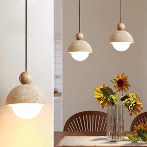 Spherical Wabi Sabi Pendant Light Natural Stone Retro Japanese Style Yellow Travertine Pendant Lighting Vintage Mini Wood Nordic Hanging Light for Kitchen Island Dining Room Bedroom Hallway Bedside