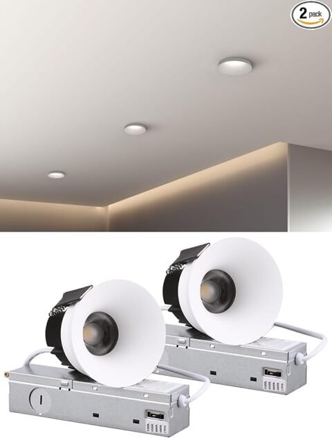 TORCHSTAR 5CCT Trimless 3 Inch LED Recessed Light, 12W Canless Dimmable LED Downlights with J-Box, Anti-Glare Semi-Recessed Downlight, 2700K/3000K/4000K/4500K/6500K Selectable, CRI 90, Pack of 2