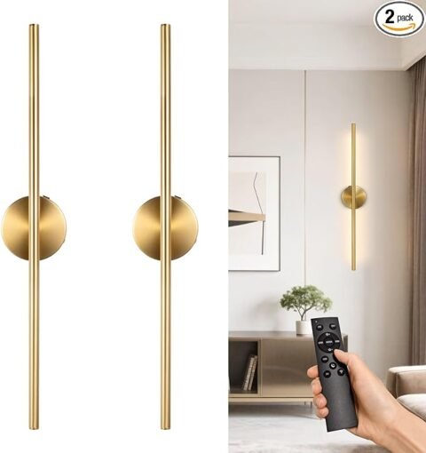 Rechargable Wall Sconce Set of Two, Modern Wireless Brass Wall Light Sconce with Remote, 28.35Inch Dimmable Indoor Home Wall Decor Lights for Bedroom, Living Room, Hallway (Bronze/Round)