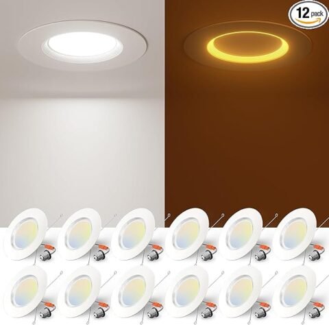 Amico 12 Pack 6 inch 5CCT LED Recessed Lighting with Night Light, 12.5W=100W, 1000LM Can Lights with Baffle Trim, Dimmable, Retrofit Downlight, 2700K/3000K/3500K/4000K/5000K Selectable - ETL & FCC