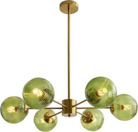BOKT Green Glass Ball Pendant Light Mid Century Modern Gold 6-Lights Globe Sputnik Chandelier Light Fixture Brushed Brass Chandelier Pendant Light for Kitchen Island Dining Room
