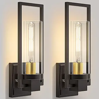 CINOTON Black and Gold Wall Sconces Set of 2, 15\" Matte Black Wall Mounted Lamp, Hardwired AC 120V Wall Sconces Vintage Vanity Light Fixtures with Clear Glass, Wall Lights for Living Room, Bedroom