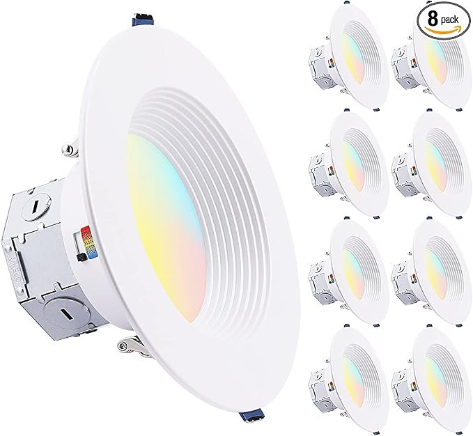 TORCHSTAR 8-Pack 5CCT 6 Inch LED Integrated Canless LED Recessed Lighting with J-Box, Anti-Glare Deep Baffle, CRI90 Dimmable Ceiling Downlight, ETL Air Tight IC Rated, 2700K3000K3500K4000K5000K
