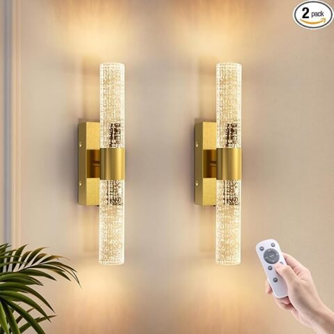 VOLISUN Battery Operated Wall Sconces Set of Two,Gold Sconces Wall Decor Set of 2,Wireless Wall Sconces with Remote,Rechargeable Wall Light for Living Room,Bedroom,Bathroom,Vanity (15.3 inch)