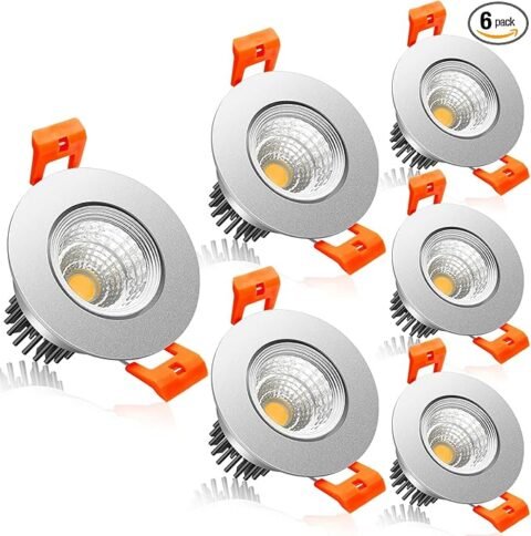 2Inch LED Recessed Ceiling Light, 3W Dimmable LED Downlight, 60 Beam Angle COB Recessed Lights with Driver, Warm White 3000K-3500K, 25W Halogen Bulbs Equivalent for Ceiling Lighting, Silver 6Pack